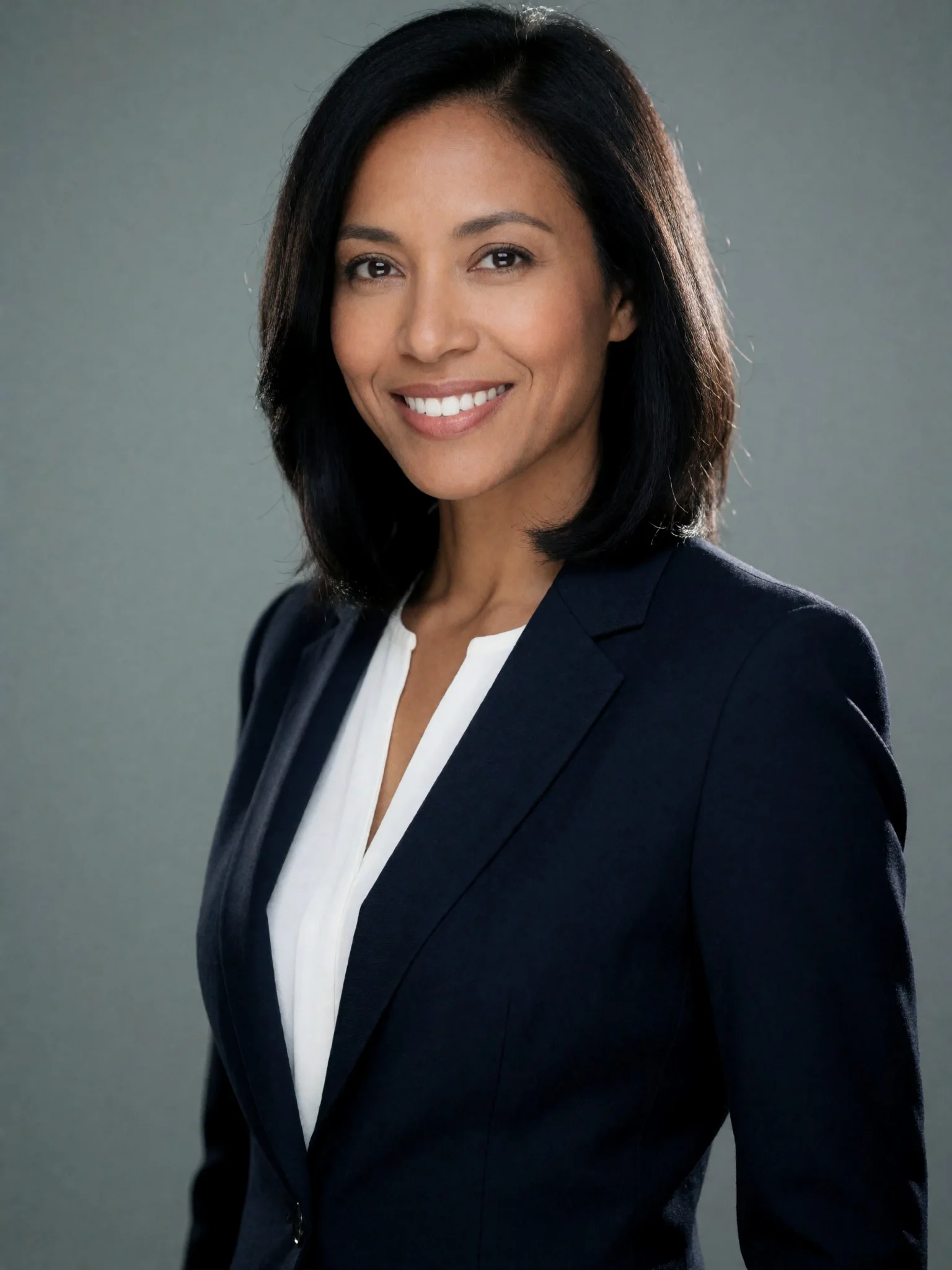 Sample professional portrait of a woman in a navy blazer and white blouse against a neutral grey background.