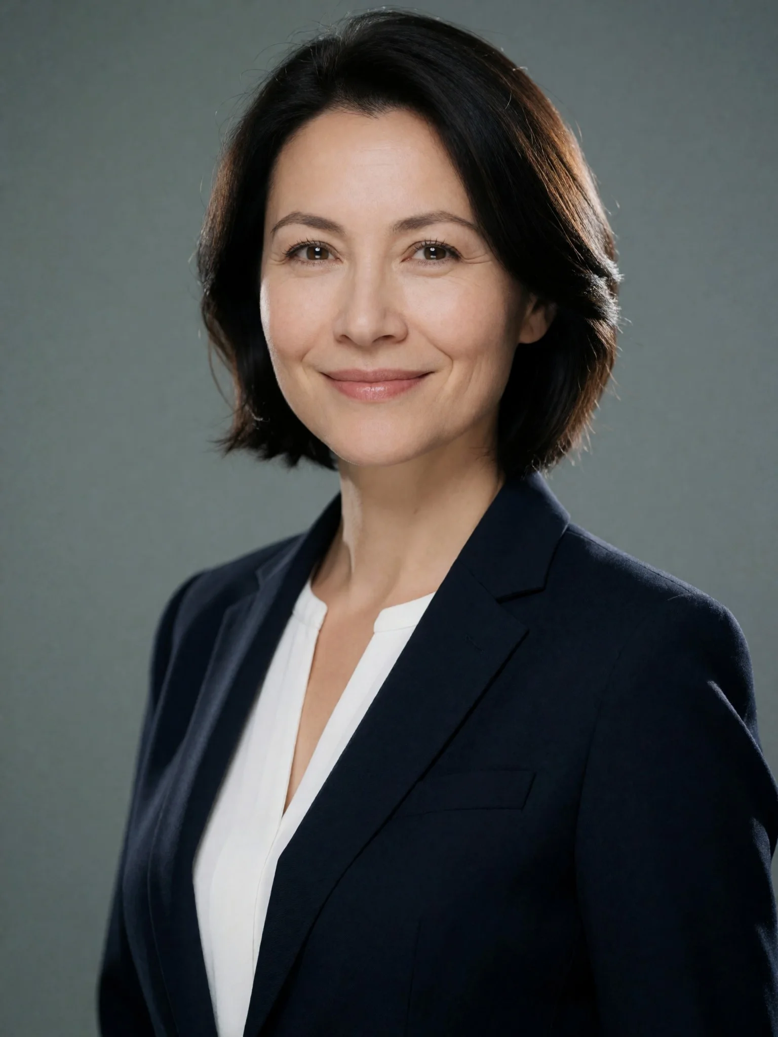 Sample professional portrait of a woman in a navy blazer and white blouse against a neutral grey background.