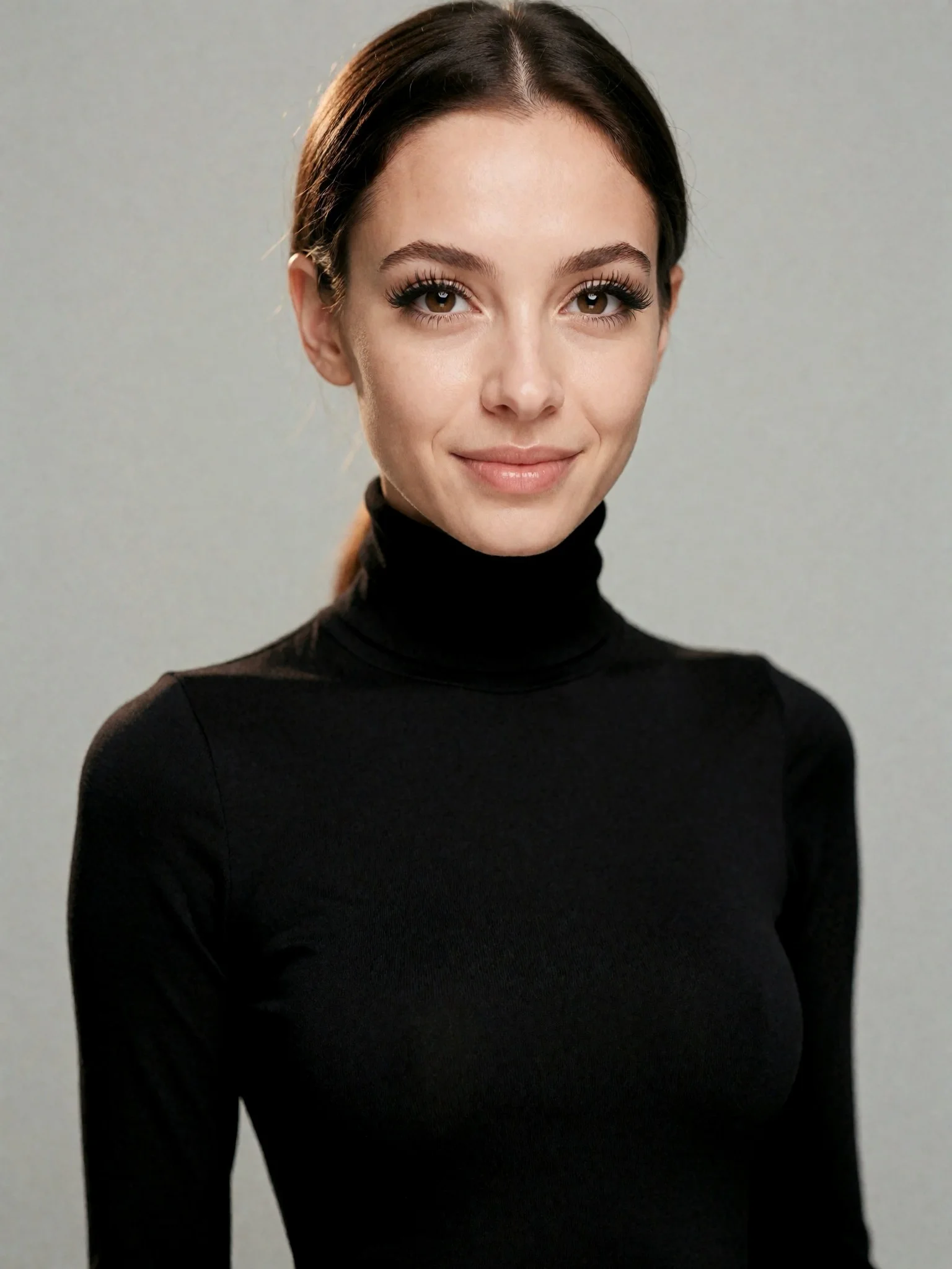 Sample professional portrait of a woman in a black turtleneck against a neutral grey background.